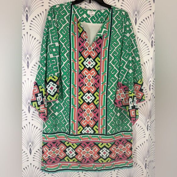 Crown & Ivy Green Pink Geometric Dress boho sleeve Womens size 10 PTP-20 L-38 - Picture 3 of 7